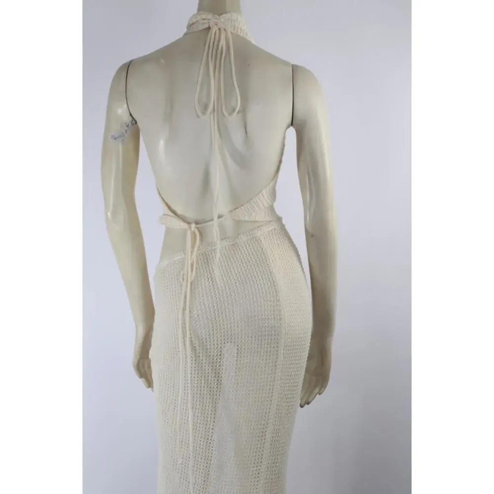 Cream Knit 2 Pc Set S Halter Keyhole Crop Top Asymmetric Slit Maxi Skirt